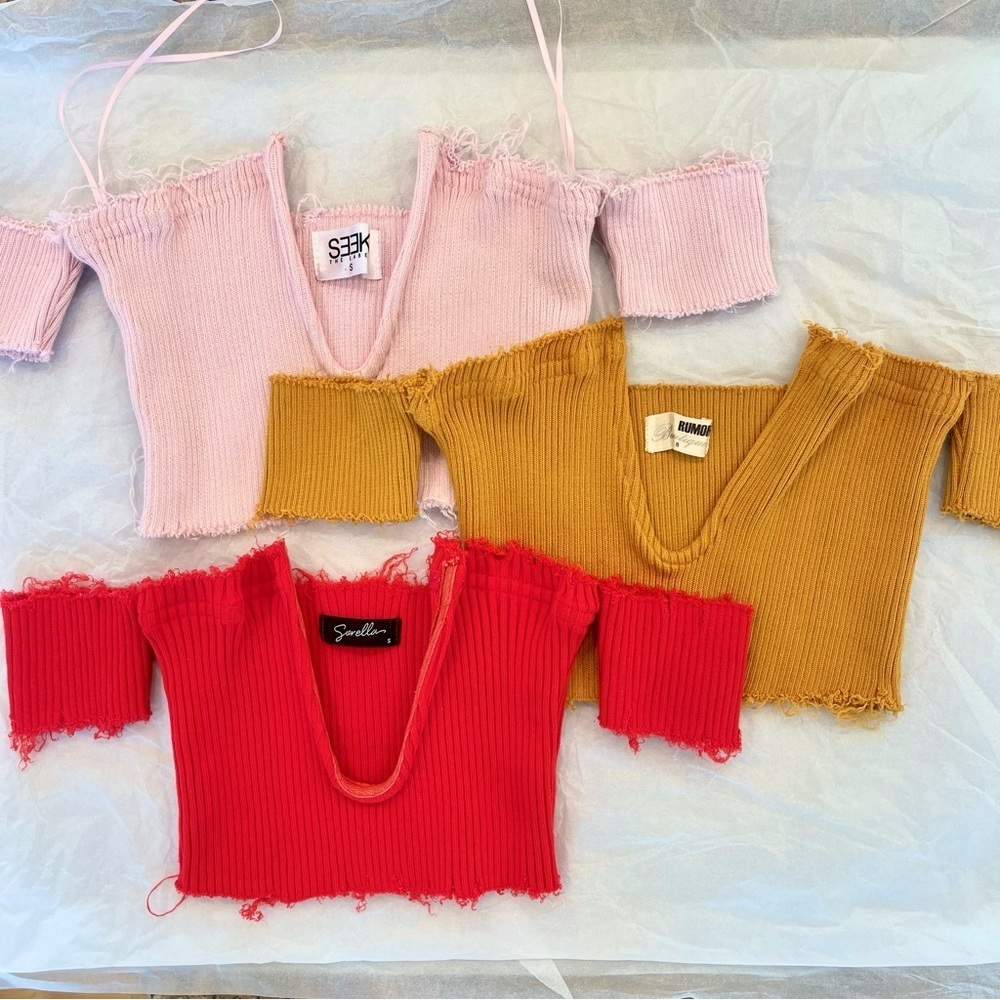 Bundle of 3 Plunge neck crop tops — pink, red, mustard distressed off-shoulder